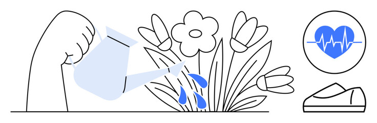Hand pours water from a can onto flowers, symbolizing nurturing. Heartbeat icon and shoe signify health. Ideal for health, wellbeing, gardening, self-care, balance, growth, wellness. Line metaphor