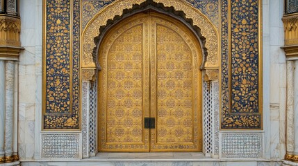 A richly decorated palace door with golden embellishments and symmetrical designs, set against an opulent stone facade