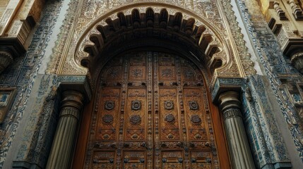 Obraz premium A stunning wooden palace door with ornate ironwork, surrounded by mosaic tiles and a beautifully detailed archway