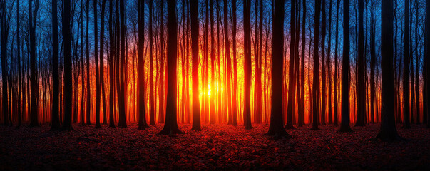 Enchanting sunset through a tranquil forest, creating vivid colors among the trees.
