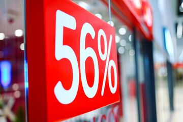 A bold red sale sign displaying a 56% discount, attracting attention in a bright retail setting.