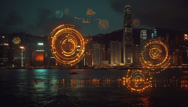 Night cityscape with holographic icons showcasing smart urban management technology