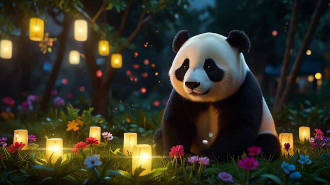 A panda is sitting among the lantern lights that are lit at night. Seamless 4K looping timelapse video animation background