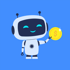 Robot holding coin or cryptocurrency. Vector illustration for artificial intelligence theme, blockchain projects or financial technology content
