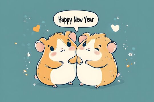Two cute hamsters hugging with speech bubble saying happy new year