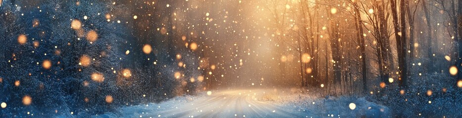 Snowy Winter Road in a Forest with Falling Snowflakes. AI generated illustration