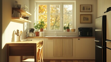 Bright and airy kitchen featuring a compact desk, a sunlit window, and warm wooden furniture with a contemporary design