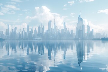 Fototapeta premium . A serene water surface captures the reflection of a bustling city, blending urban elements with the peacefulness of water. Futuristic cityscape reflected in the calm water .
