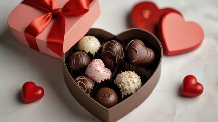 A heart-shaped box filled with assorted chocolates, beautifully wrapped with a red ribbon, accompanied by small heart decorations, perfect for romantic occasions.