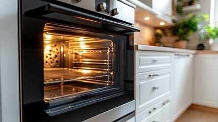 Fototapeta premium Close-up of a built-in oven in a contemporary kitchen with white and wooden cabinets, showcasing elegant design and soft light