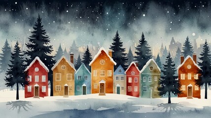 Fototapeta premium A serene watercolor winter scene features colorful, quaint houses amidst evergreen trees, blanketed in snow, capturing the tranquility and charm of a snowy landscape. 
