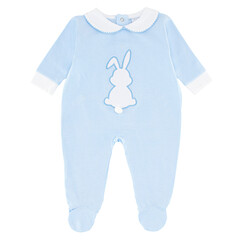 Light Blue Baby Sleepsuit with Peter Pan Collar and Bunny Applique Featuring a Pom-Pom Tail on White Background