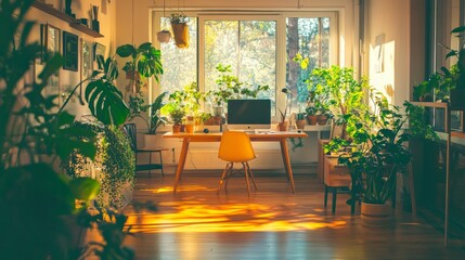 Bright office interior featuring minimalist furniture, green plants scattered throughout, and warm lighting for a cozy yet professional vibe