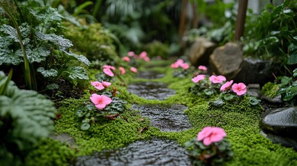 Rustic garden pathway with begonia plants lining the edges, surrounded by mossy stones