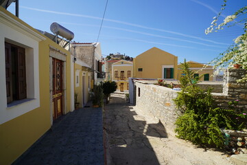 picturesque facades of Symi island streets