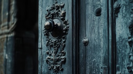 Close-up of a palace door with ornate metallic patterns, weathered wood, and detailed carvings reflecting centuries-old craftsmanship