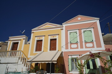 colorful facades of the picturesque island of Symi
