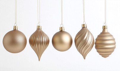 A minimalist Christmas decor featuring a row of golden Christmas ornaments,
