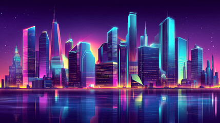 City skyline featuring vibrant colors and futuristic buildings during nighttime