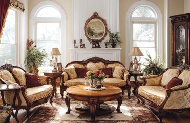 Obraz premium Elegant antique living room with ornate furniture, fireplace, and large windows.