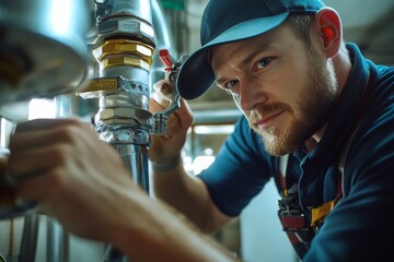 Professional plumber repairing water pipes with adjustable wrench in action during a job