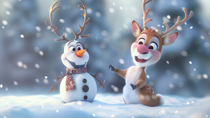 A playful and joyful card of a reindeer and snowman frolicking in the snow,