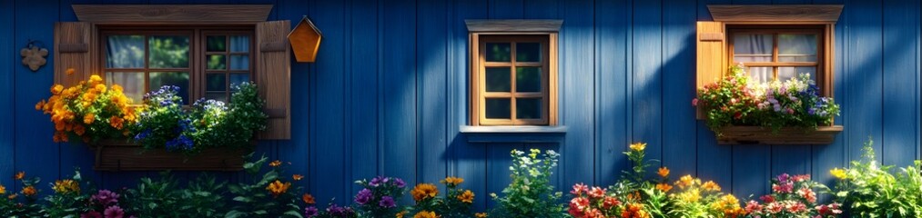 A charming blue house adorned with flower-filled window boxes and vibrant garden blooms.