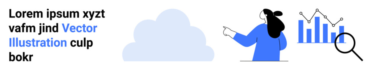 Businesswoman pointing at a rising graph with magnifying glass, text on the side. Ideal for data trends, business analysis, digital marketing, cloud computing, tech development, financial review