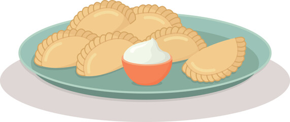 Ukrainian traditional dish varenyky with a sour cream on the plate. Cute flat illustration with tasty national food 