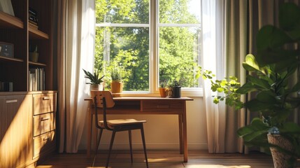 Cozy kitchen corner with a small wooden desk near a large sunlit window, surrounded by modern wooden furniture and decor
