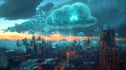 Futuristic Cityscape with Digital Clouds in a High-Tech Environment
