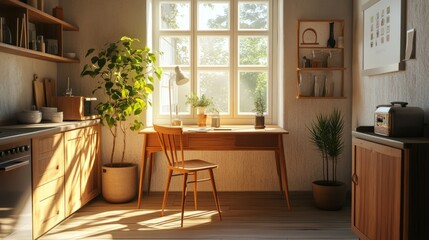 Cozy kitchen corner with a small wooden desk near a large sunlit window, surrounded by modern wooden furniture and decor
