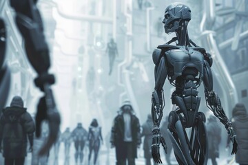 Naklejka premium A robot strides through a crowded urban environment, interacting with pedestrians amidst the vibrant cityscape. Genetically enhanced humans in a futuristic world .