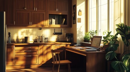 Elegant modern kitchen with a cozy desk, wooden cabinets, and a sunlit window providing a serene workspace