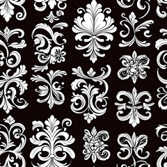 Elegant Damask Seamless Pattern: A sophisticated black and white floral design, featuring intricate damask patterns, perfect for backgrounds, textiles, and luxurious designs.
