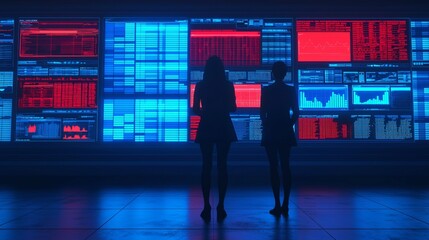Two silhouetted figures stand before a wall of vibrant data displays, featuring graphs and numbers in blue and red hues, suggesting a high-tech environment.
