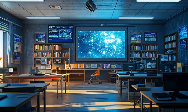 A futuristic classroom with computers, bookshelves, and a large screen displaying cosmic imagery.