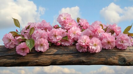 Pink Cherry Blossom Flowers on Wooden Table Against Blue Sky