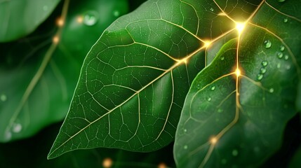 Photosynthesis sunlight process energy leave. Close-up of vibrant green leaves adorned with droplets and glowing veins, showcasing the beauty of nature and intricate details of plant life.