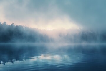 A serene lake shrouded in mist and fog, creating a tranquil and mysterious atmosphere in the background. Gentle morning mist over a quiet lake.