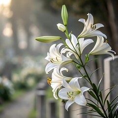 Fototapeta premium Elegant illustration of white lilies with green stems on a soft beige background, featuring a delicate cross symbol and decorative border accents.