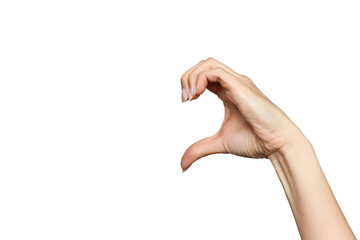 Women's hand show a sign in the shape of half a heart, isolated on a white background. Expression of feelings and emotions. Love declaration concept with copy space. Gestures and symbols, gratitude