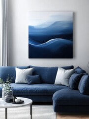 A modern living room featuring a blue sofa, decorative pillows, and abstract wall art in calming shades of blue.