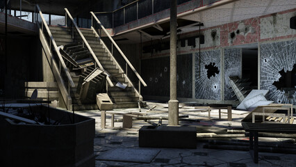 Zerstörtes Einkaufszentrum mit zerbrochen Glasscheiben und Schutt auf dem Boden