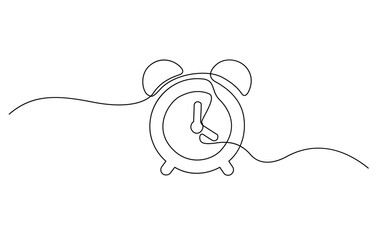 Continuous one line drawing of vintage alarm clock vector design, Clock drawn symbol. One line art continuous icon, Clock with arrow Continuous one line drawing. One thin line continuous drawing.