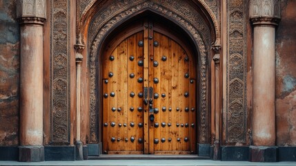 Massive wooden door with ornate metal studs and a towering archway, a centerpiece of an ancient palace's grandeur