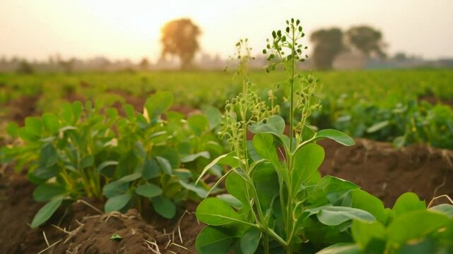 Fenugeek plant in farmer field. Fenugreek is a herb used for cooking and medicinal purposes. It aids digestion, reduces inflammation, and regulates blood sugar levels.