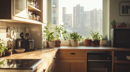 Minimalist kitchen with a natural wood desk, a sunlit window framing a city view, and stylish wooden cabinetry