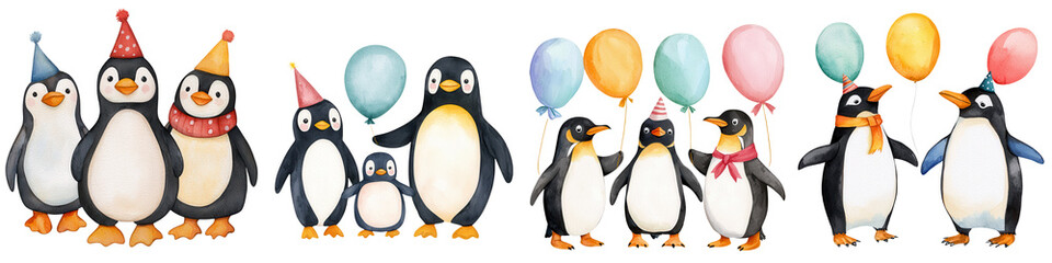 Naklejka premium Cute penguins celebrating with balloons and party hats at joyful gathering, isolated on transparent background.