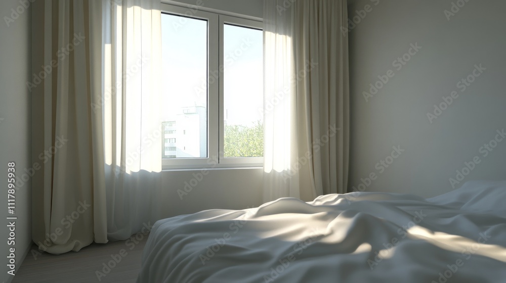 Poster bright sunlight streams into a tranquil bedroom, creating a peaceful ambiance. the soft fabric of th